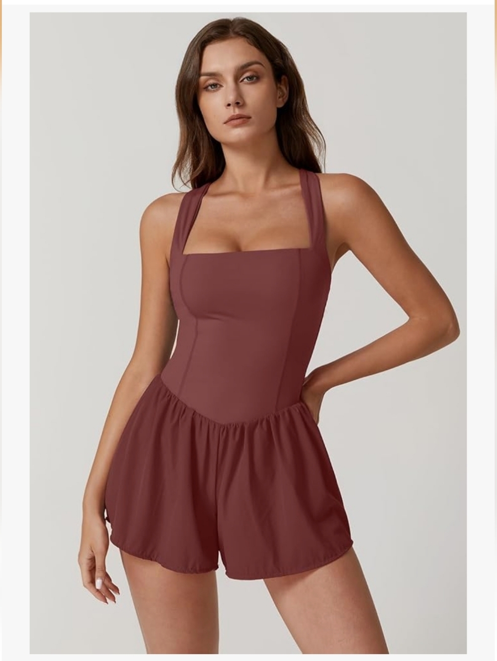 Qinsen Square-Neck Tennis Romper Dress Merlot Size S